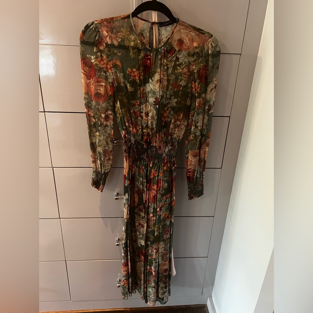 Floral sheer ruched waist long dress with nude slip